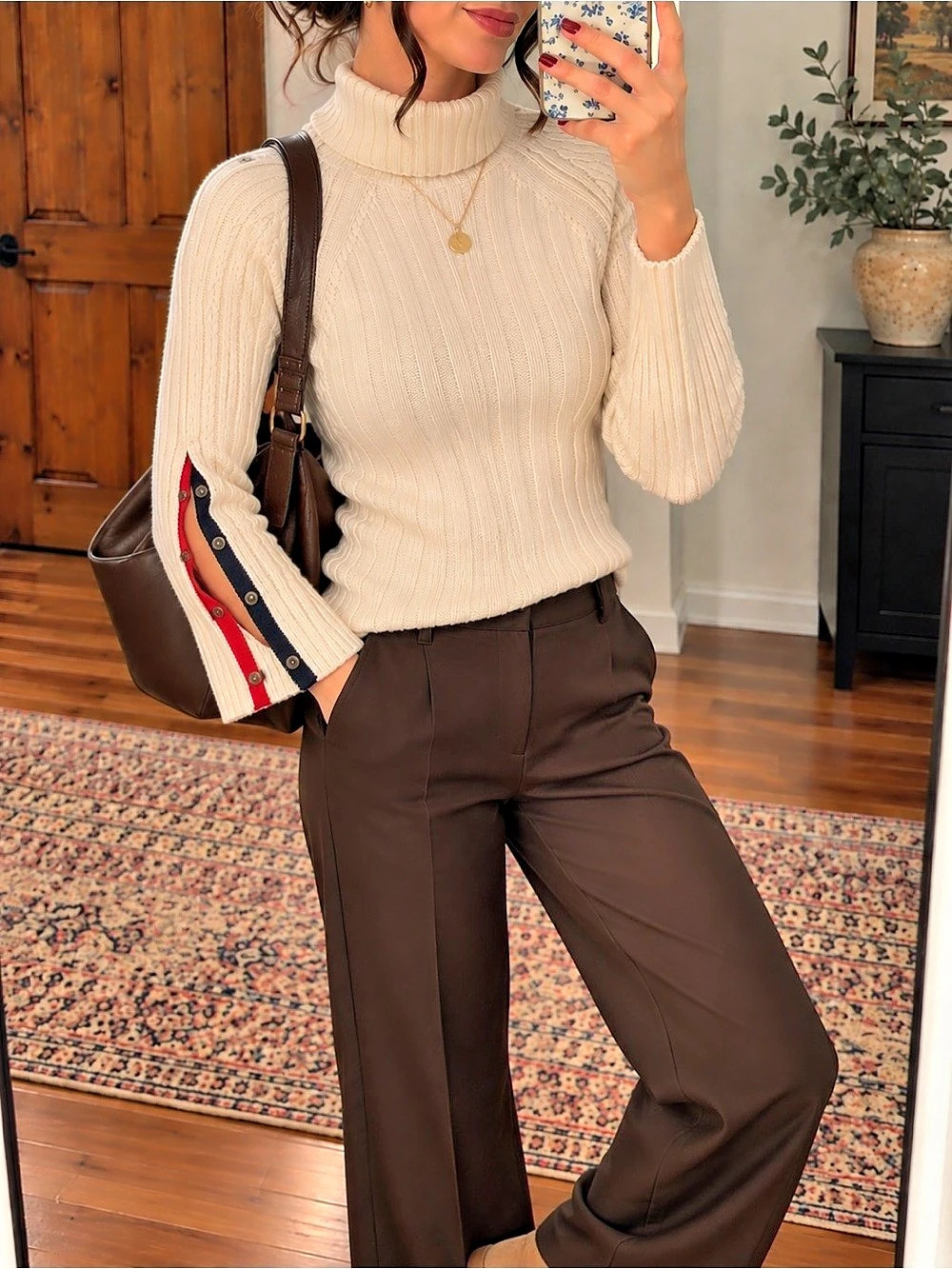 Vintage Tommy Hilfiger Jeans Cream Ribbed Turtleneck Snap Sleeve Sweater